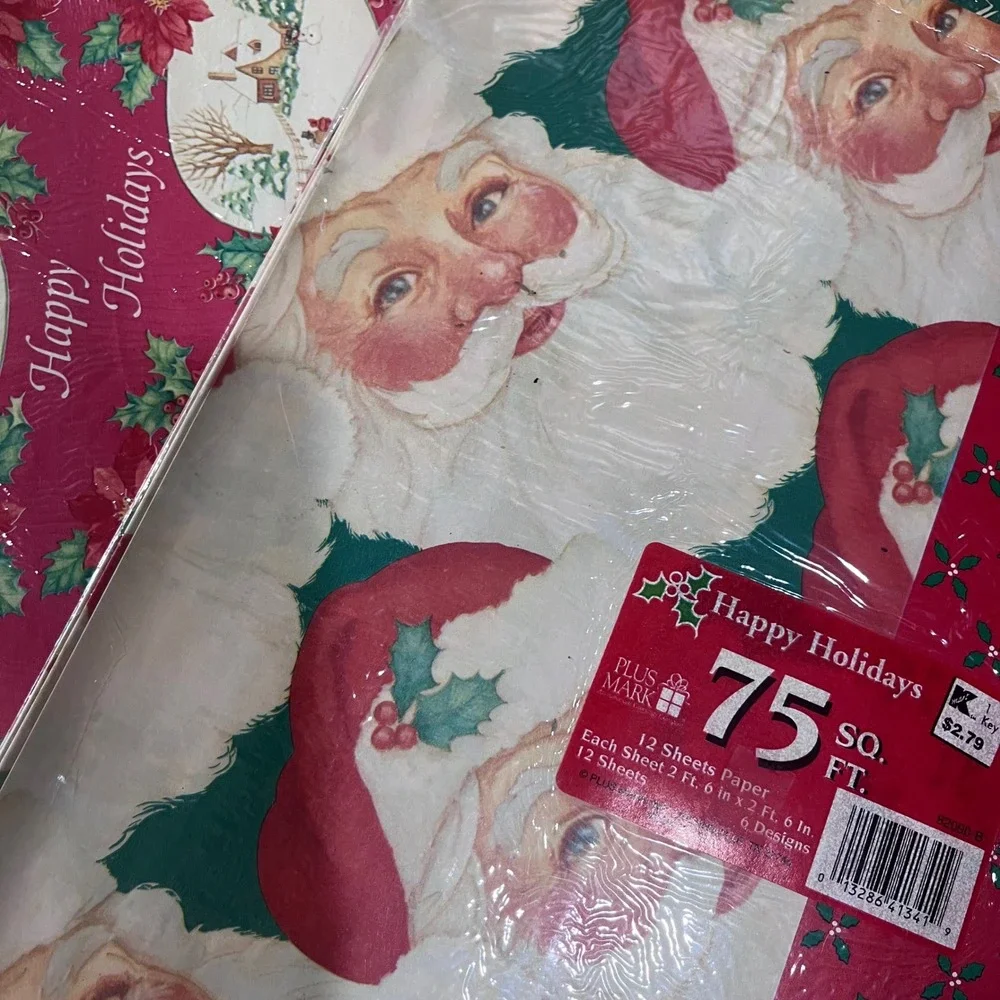 Vtg Plus Mark Christmas Wrapping 24 Sheets 150 Sq Ft Santa Poinsettia 2pk NEW